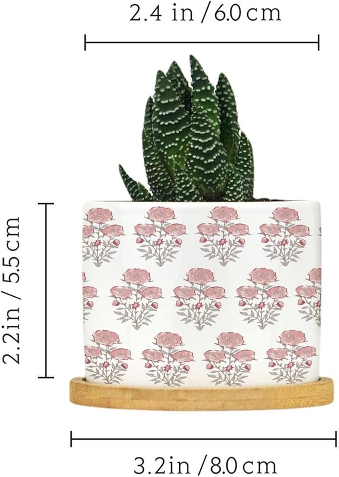 DreamAutumn Pink Flower Planter Ceramic Round Plant Pots with Drainage Holes and Bamboo Tray Planting Small Flower Pots for Home Windowsill Desk Garden Indoor Outdoor Use