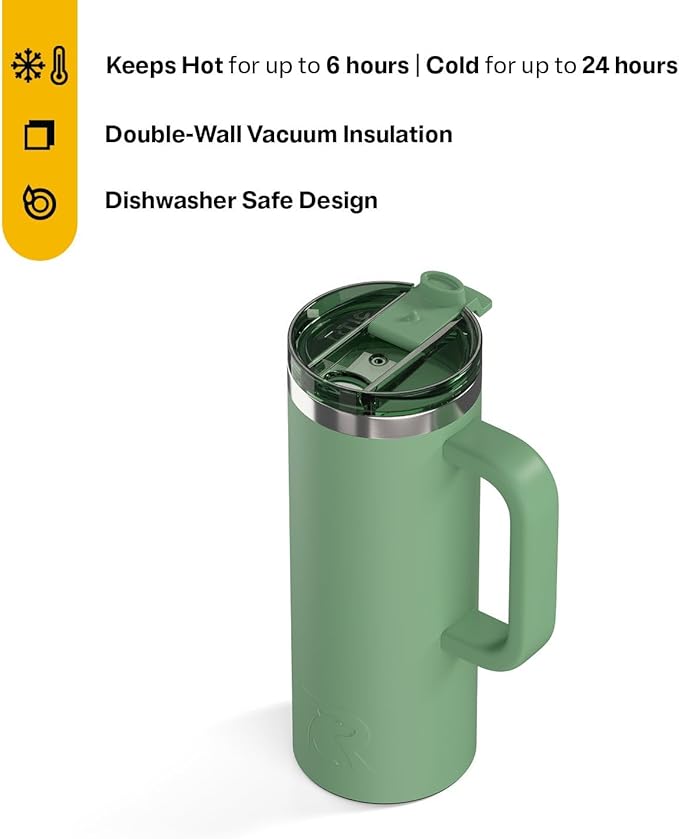RTIC 20oz Road Trip Travel Mug with Lid and Handle, Ceramic Lined, Insulated, Stainless Steel, Metal, Double Wall Vacuum-Insulation, Portable Coffee, Tea Cup for Hot and Cold Drink, Sage