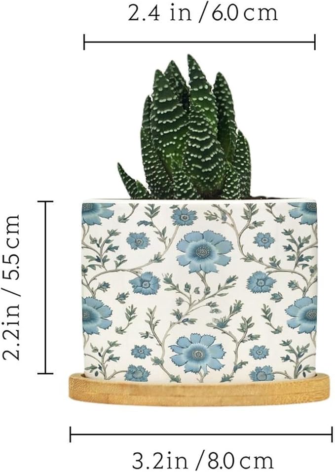 Mughal Flower in Ceramic Planter Blue Floral Planters for Indoor Plants with Drainage Holes and Saucers Pot for Succulents Cactus Garden Windowsill
