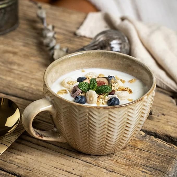 Large Mug, Ceramic Cup with Wood Saucer Set of 1, Cup for Coffee Tea Cereal Breakfast Milk Hot cocoa, Vintage Wheat Embossed Stoneware Mug, 13.3oz/400ml - Microwave Dishwasher Safe