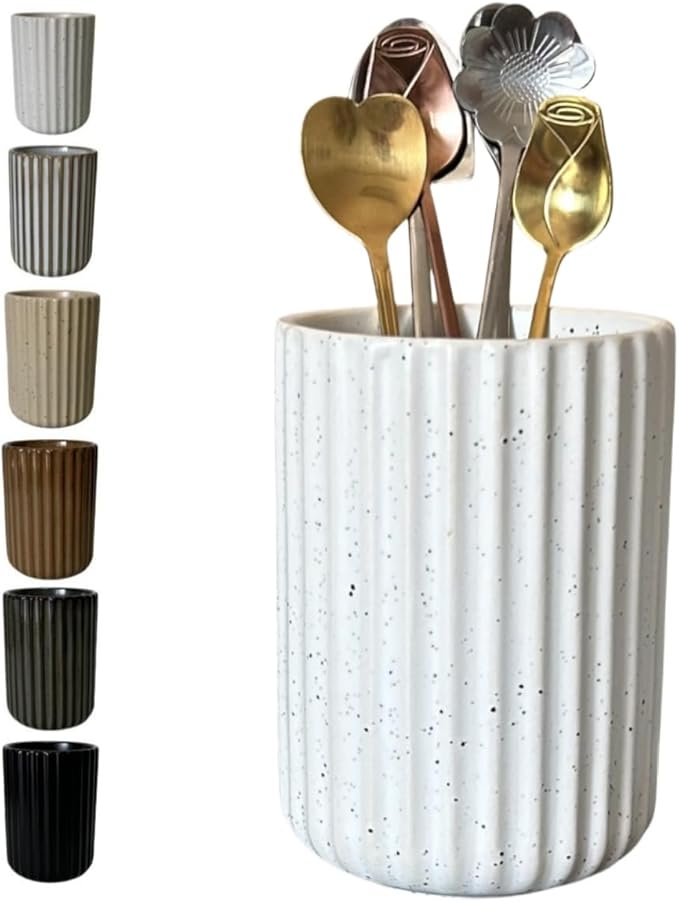 Stoneware Coffee Bar Utensil Holder Tea & Coffee Spoon & Stirrer Holder for Stir Stick Straw Teaspoon Holder Spoon Cup Small Utensil Jar Fluted Vertical Stripe (Spotted White)