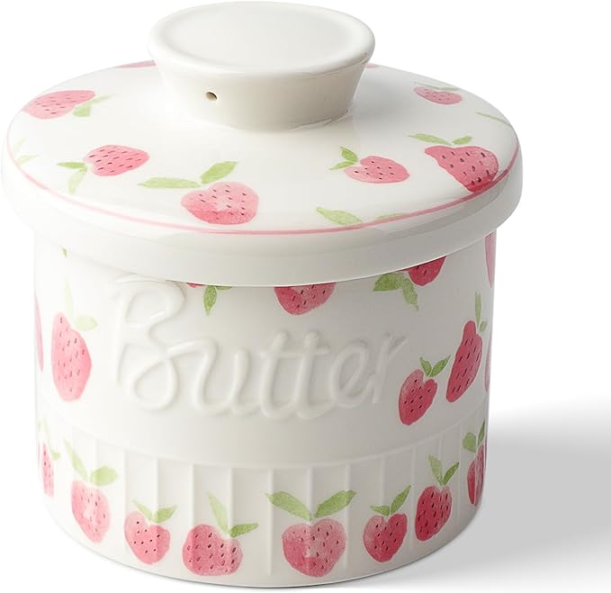 Toptier Butter Crock for Counter With Water Line, On Demand Spreadable Butter, Ceramic Butter Keeper to Leave On Counter, French Butter Dish with Lid (Strawberry)