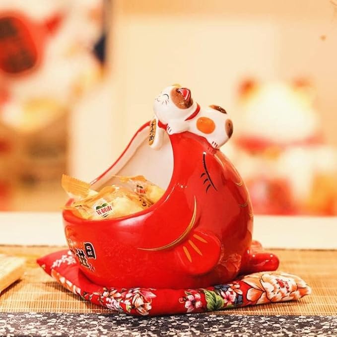 EatingBiting 6.5" Japanese Ceramics Maneki Neko Cat Fish Big Mouth Ornament Collectible Figurine Big Mouth Fish carp Storage Box Decoration Ornamental Art Sculpture Home Decor Decorative Beckoning