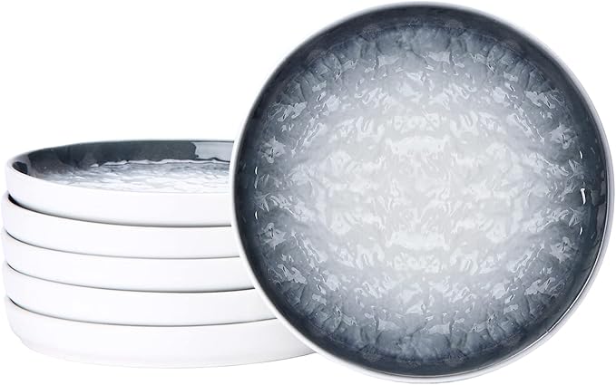 Eglaf 6'' Ceramic Small Appetizer Plates - Porcelain Gradient Water Wave Embossed Texture - Dessert Plates for Tea Party, Cake, Ice cream, Waffles, Apple Pie, Snacks (Set of 6 - Gray)