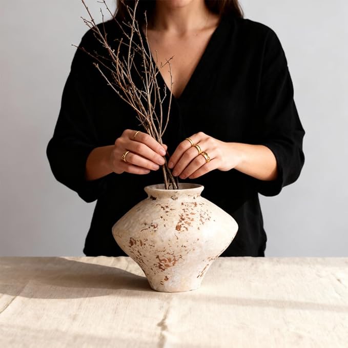 Whitewashed Terracotta Ceramic Vase 6.7", Small Rustic Farmhouse Pottery Vase with Wide Mouth, Watertight Flower Vase for Fresh Flowers & Pampas Grass, Table Centerpiece Shelf Decor
