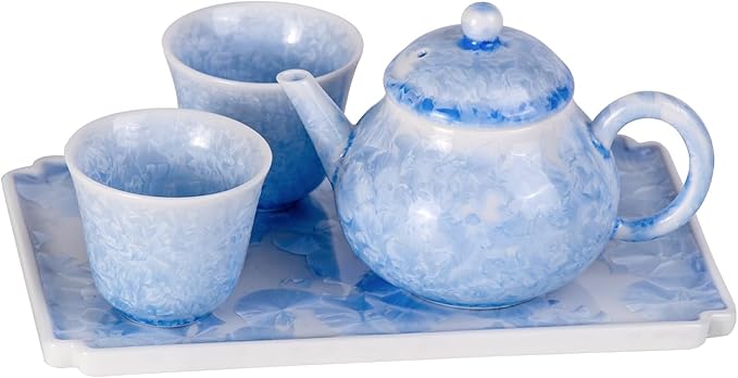 KAMMAK Tea Set for Adults Porcelain Tea Pot and Tea Cups Set,Ice Crystal Blue Japanese Ceramic Tea Cups and Saucers Set, Chinese Gong Fu Tea Set (2 Cups +1 Pear-shaped Teapot + 1 Square Plate)