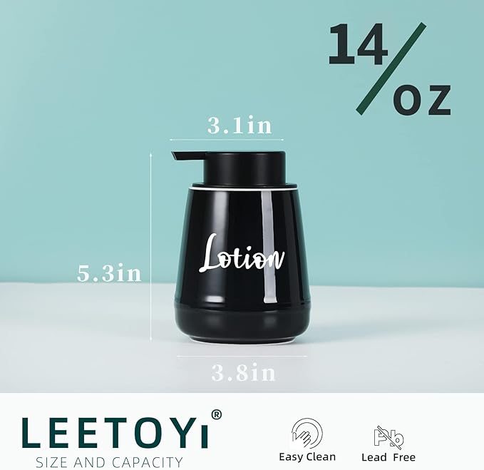 LEETOYI Farmhouse Ceramic Soap and Lotion Dispenser Set with Pump 14oz for Bathroom (Black)