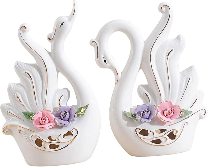 Fenteer Couple Swan Statues for Table Centerpiece Set of 2 Home Decor, Style D