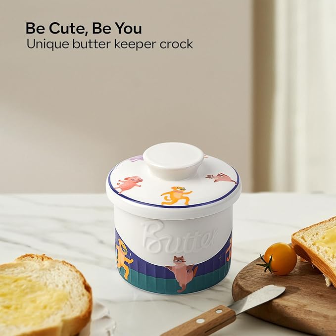 Toptier Butter Crock for Counter With Water Line, On Demand Spreadable Butter, Ceramic Butter Keeper to Leave On Counter, French Butter Dish with Lid (Animal Paradise)