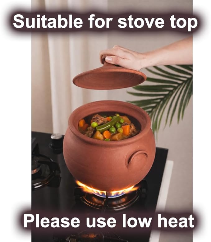 Earthenware Clay Mud Eathern Terracotta Cooking Pot Pottery Cazuela Cookware with Lid Natural Stovetop Stove Top Stone Stew Rice Unglazed Mexican Indian Kitchen Oven Terra Cotta Handcrafted Traditional Healthy (5.2 Quarts - Size2)