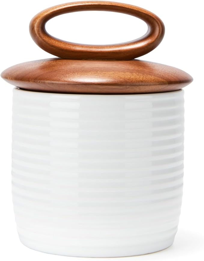 Nambe x Tom Papa Breaking Bread Canister, 8" x 6" - Modern Ceramic Storage Jar with Acacia Wood Lid & Silicone Seal - Stoneware Kitchen Pantry Container for Baking & Cooking (Small)