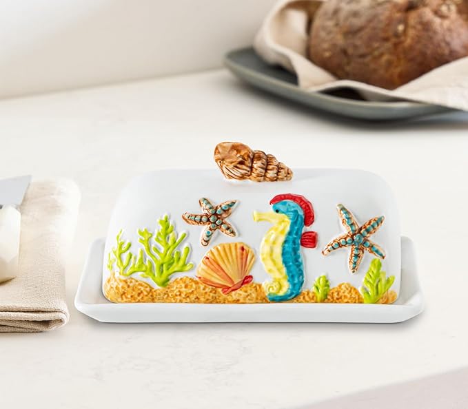 Ocean Theme Butter Dish With Lid For Countertop With Conch Scallop Starfish Seahorse Coral Decoration Funny Butter Container Cute Butter Dish Ceramic Mantequillera Butter Holder Tropical Beach Theme