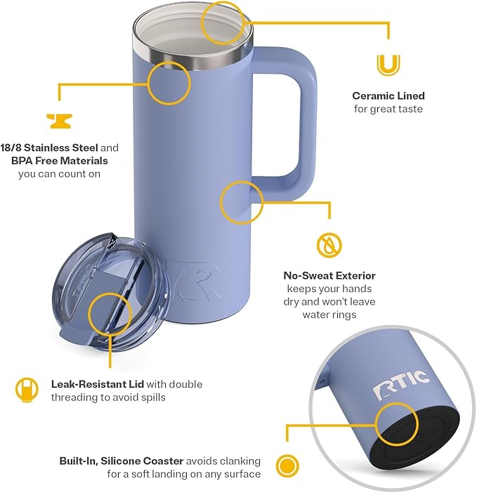 RTIC 20oz Road Trip Travel Mug with Lid and Handle, Ceramic Lined, Insulated, Stainless Steel, Metal, Double Wall Vacuum-Insulation, Portable Coffee, Tea Cup for Hot and Cold Drink, Periwinkle