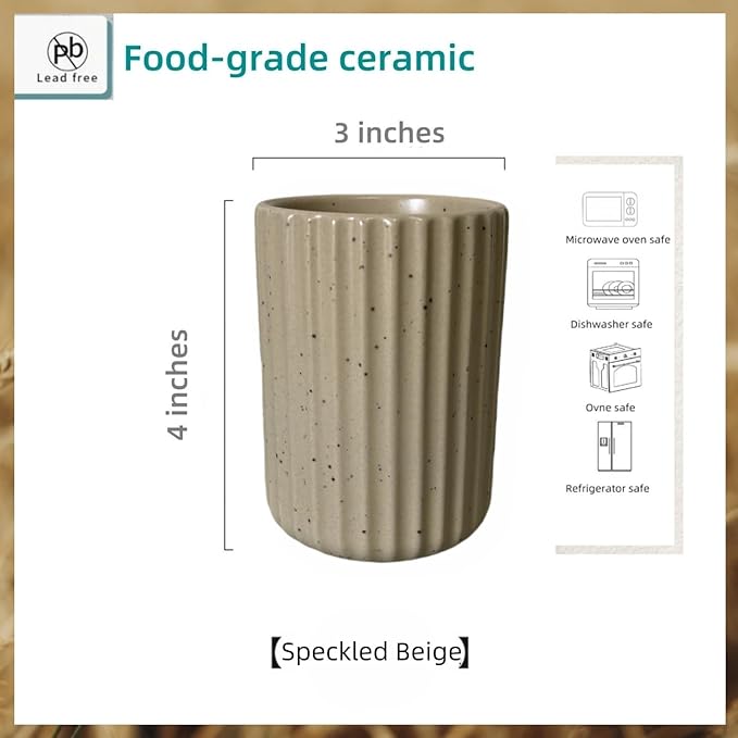 Stoneware Coffee Bar Utensil Holder Tea & Coffee Spoon & Stirrer Holder for Stir Stick Straw Teaspoon Holder Spoon Cup Small Utensil Jar Fluted Vertical Stripe (Speckled Beige)