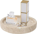 Travertine Tray, Small Ceramic Vanity Tray for Bathroom Counter Decor, Round Marble Decorative Trays for Coffee Table (Beige, Small Size)