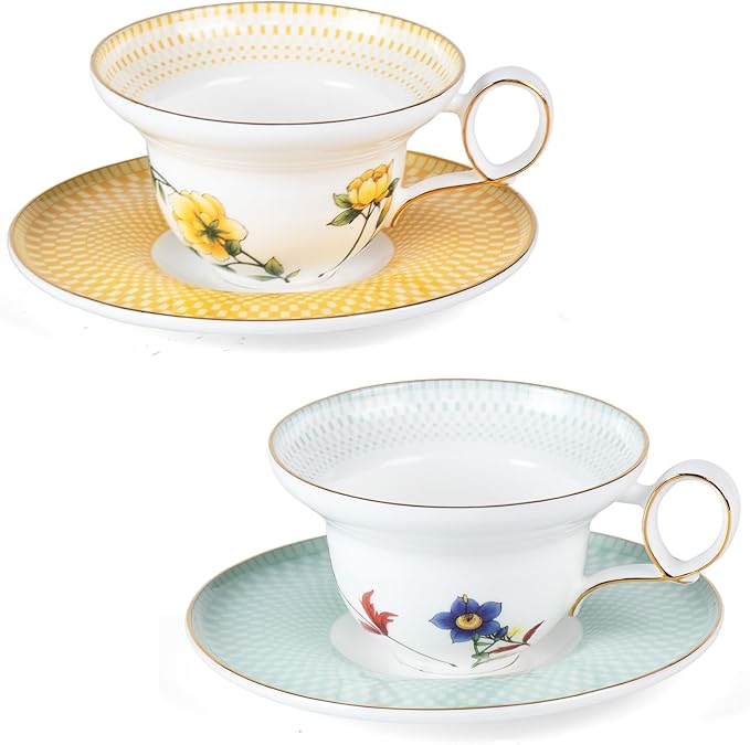 KAMMAK Ceramic Coffee Cups Saucers Set of 2, Porcelain Espresso Cups with Saucers, 5.92 oz Handmade Elegant Bone China Tea Cup, Ceramic Floral Pattern Demitasse for Latte, Americano, Cappuccino