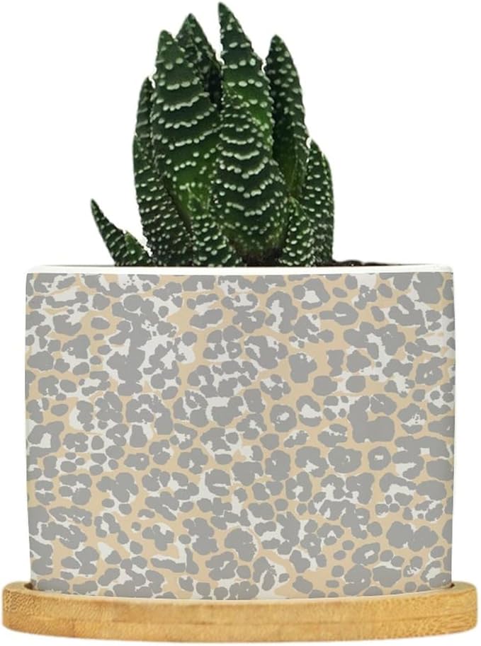 DreamAutumn Cheetah Leopard Print Animal Light Gray and Light Brown Ceramic Pots for Plants with Drainage Holes Round Flower Pot Bamboo Tray Orchid Pot Succulents Pots for Outdoor Indoor Plants