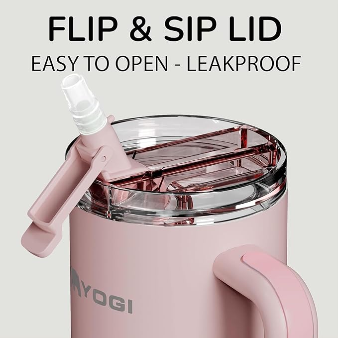 YOGI Ceramic Lined Metal Allergy Safe 40oz Tumbler with Handle and Straw Leakproof Flip & Sip Lid Vacuum Insulated Stainless Steel Travel Cup for Iced Coffee Water and All-Day Hydration 40oz Peonypink