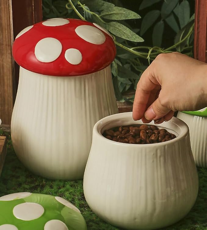 WAIT FLY Mushroom Shaped Ceramic Coffee Bean Storage Container, Tea Canister, Food Storage Jar for Tea, Coffee, Spices, Sugar, Candy, Cookies-Red-28 OZ