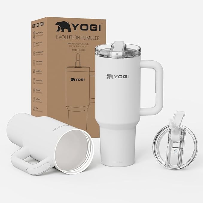 YOGI Ceramic Lined Metal Allergy Safe 40oz Tumbler with Handle and Straw Leakproof Flip & Sip Lid Vacuum Insulated Stainless Steel Travel Cup for Iced Coffee Water and All-Day Hydration 40oz Polar
