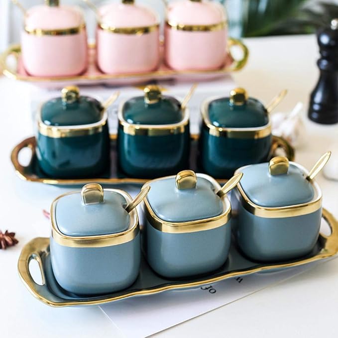 Set of 3 Porcelain Condiment Jar Spice Container with Lids, Ceramic Sugar Bowls Condiment Pots Spice Jars Seasoning Box Set, Best Spice jar for Your Home, Kitchen, Counter (White suit)