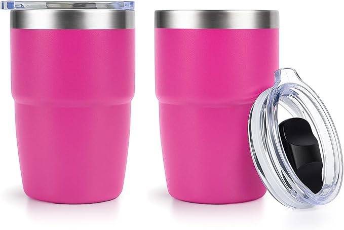 Zenbo 8 oz Stackable Espresso/Coffee Cups with Magnetic Lid, Ceramic-Lined 18/8 Stainless Steel Mini Tumblers, Double-Wall Vacuum Insulated & Dishwasher Safe for Travel & Office (Hot Pink-2 Pack)