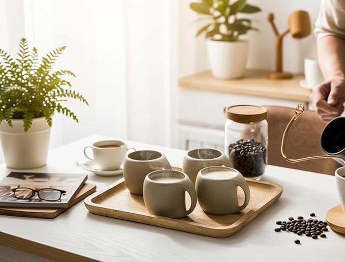 Ceramic Cappuccino Cups with Handle,6 oz Ceramic Coffee Mug Set of 4,Clay Espresso Cup for Double Shots,Small Coffee Cups for Latte,Cafe,Mocha,Tea Cups (Natural Beige,6 OZ)