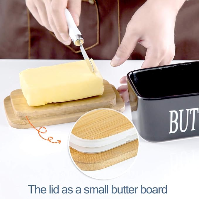 Hasense Porcelain Butter Dish with Bamboo Lid - Covered Butter Keeper with Butter Knife for Countertop, Airtight Butter Container with Cover for East West Coast Butter, Black
