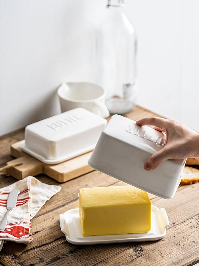 Porcelain Covered Butter Dish with Lid for Countertop Butter Holder Container for One Stick of Butter. Textured Tray Butter Keeper for Non Slip Storage-White