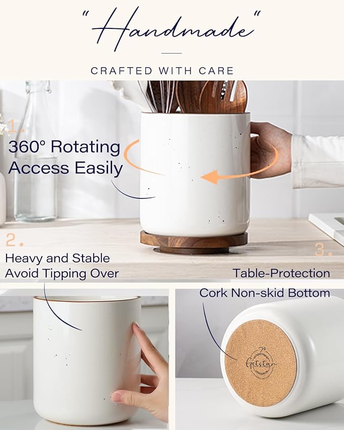 getstar Extra Large Rotating Utensil Holder for Kitchen Counter, 7.9" Ceramic Utensils Crocks Set for Countertop Large & Small Utensil Organizer for Spatula Farmhouse Kitchen Decor