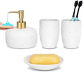Bathroom Accessories Set, 4pcs Ceramic with Embossed Design Look Sets Bathroom Soap Dispenser with Rust-Proof Plastic Pump 13.5oz & 2Pcs Ceramic Cup, 1Pcs Soap Dish