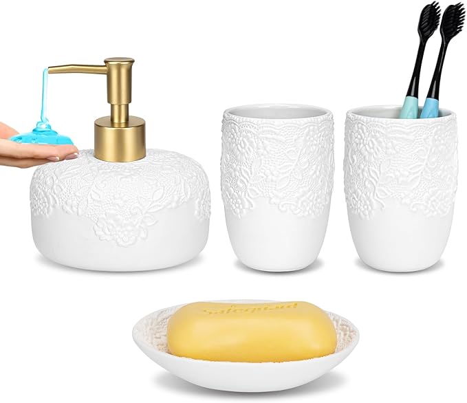 Bathroom Accessories Set, 4pcs Ceramic with Embossed Design Look Sets Bathroom Soap Dispenser with Rust-Proof Plastic Pump 13.5oz & 2Pcs Ceramic Cup, 1Pcs Soap Dish