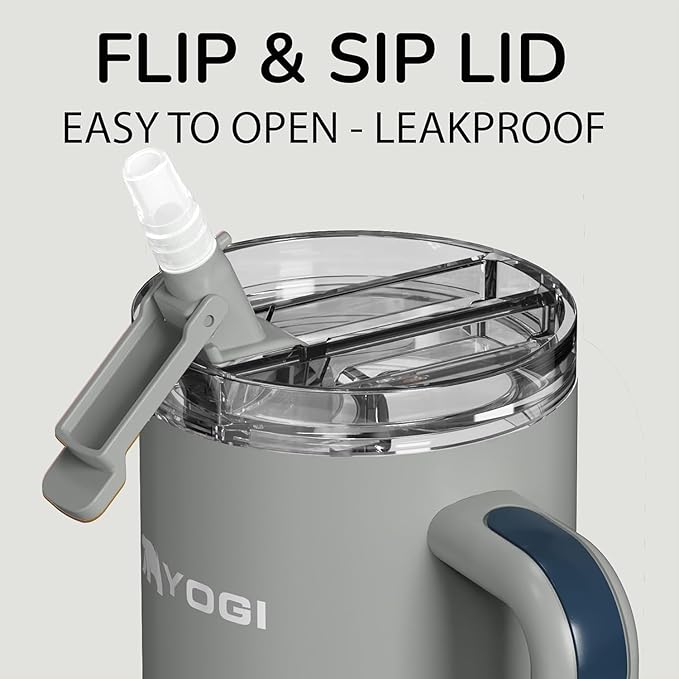 YOGI Ceramic Lined Metal Allergy Safe 40oz Tumbler with Handle and Straw Leakproof Flip & Sip Lid Vacuum Insulated Stainless Steel Travel Cup for Iced Coffee Water and All-Day Hydration 40oz Slate