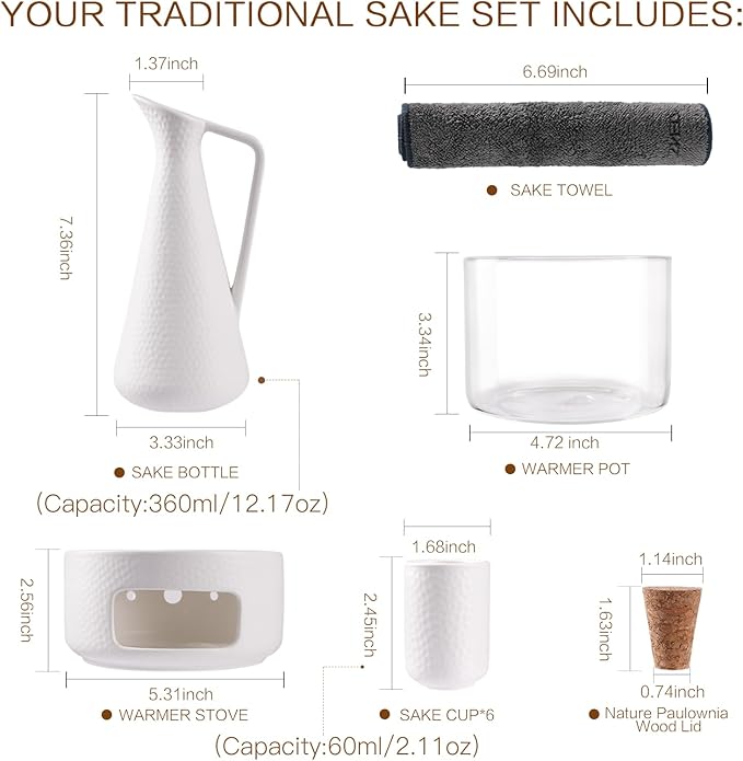 ZENS Sake Set with Warmer, 12 Ounce Embossed Ceramic Sake Bottle 6 Sake Cups and Glass Pot for Hot or Cold Japanese Sake, Sake Carafe Gift Sets with Cotton Towel