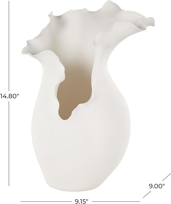 Deco 79 Ceramic Abstract Decorative Vase Floral Inspired Centerpiece Vase with Wavy Edge, Flower Vase for Home Decoration 9" x 9" x 15", White
