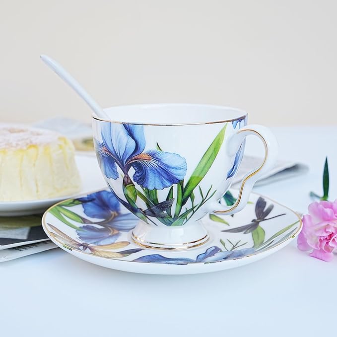 Bone China Tea Cup and Saucer Set with Spoon，Elegant Floral Tea Cup Set (7 oz)，British Coffee Latte Mug for Birthday Party Christmas gift for Friends