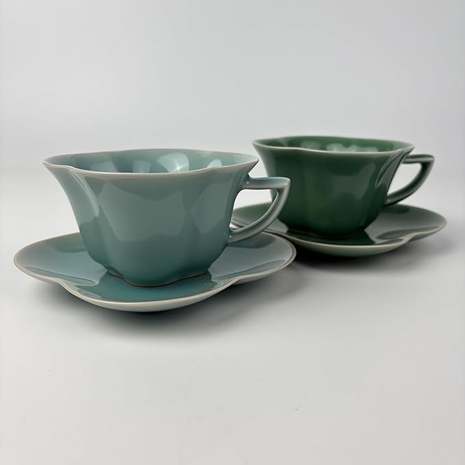 Ceramic Lotus Flower Cup and Saucer Set, Glazed Finish, Tea Cup with Matching Saucer, Green and Teal (Sky blue glaze)