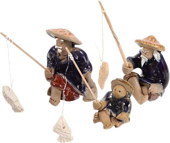 Mikikit 6pcs Ceramic Fisherman Figurines for Fish Tank Decor Miniature Fisherman Statue for Bonsai and Aquarium Lifelike Asian Sculpture Chinese Retro Style Landscape Ornaments