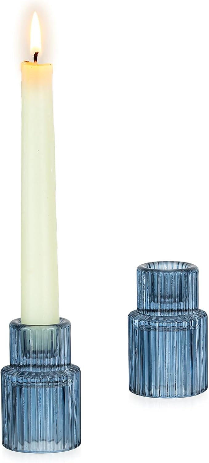 Glasseam Candle Sticks Holder Decor: 2 Pcs Ribbed Glass Blue Candlesticks Holders Modern Fluted Taper Candle Holders for Table Centerpiece Wedding Decorations Dinner Party Home Decor