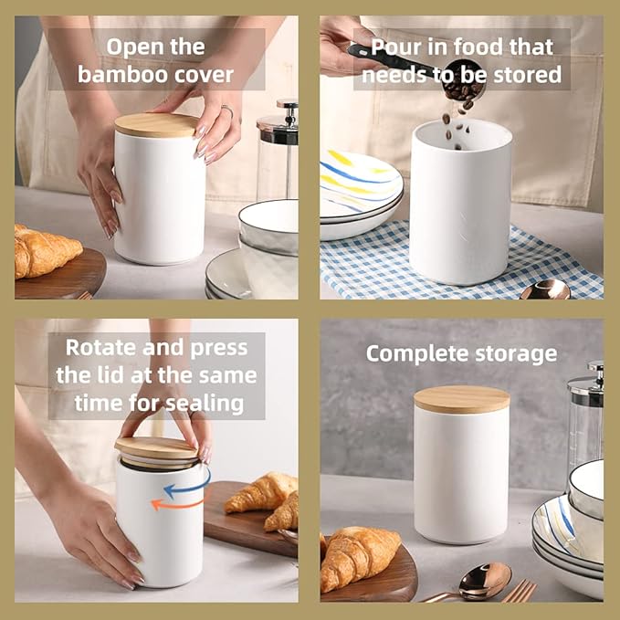 Sweejar Kitchen Canisters Ceramic Food Storage Jar Set, Stackable Containers with Airtight Seal Wooden Lid for Serving Ground Coffee, Tea, Herbs, Grains, Sugar, Salt - Set of 4 (White)