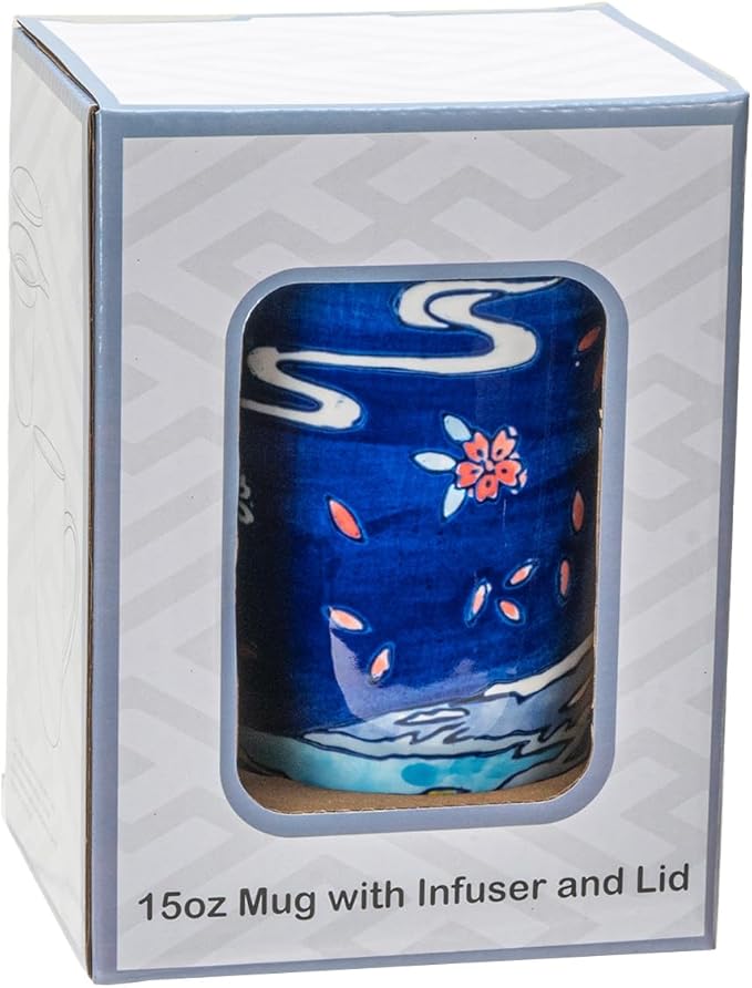 Urban Tokyo Tea Mug With Lid and Stainless Steel Infuser For Loose Leaf Tea Bag Tea Cup 15oz Porcelain Hot Beverage Everyday Use Home Office (Fuji Mountain)