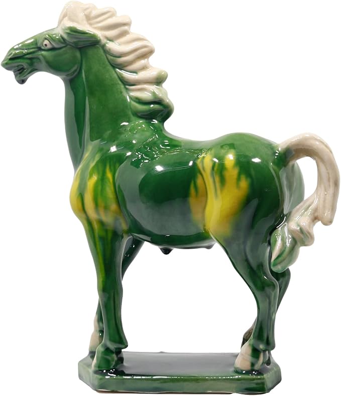 Handmade Chinese Ceramic Horse Sculpture - 9 Inch Tang Dynasty Tri-Color Porcelain Figurine, Museum Quality Home Office Desk Decor, Authentic Cultural Art Piece - Symbol of Strength & Success (Green)