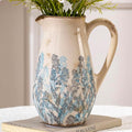 Vintage Blue and Beige Floral Ceramic Vase with Handle, Retro Ice Glazed Crack Farmhouse Pitcher Vase for Home Decor, Living Room, Shelf, Office, French Country Decorative Flower Vase 8.7 Inch