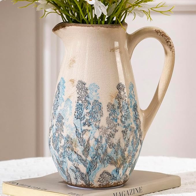 Vintage Blue and Beige Floral Ceramic Vase with Handle, Retro Ice Glazed Crack Farmhouse Pitcher Vase for Home Decor, Living Room, Shelf, Office, French Country Decorative Flower Vase 8.7 Inch