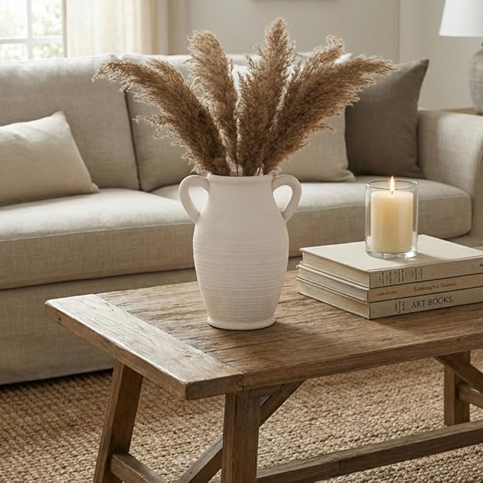 Emotionally Grounded Vase, Vaseking Large Ceramic Rustic Vase with 2 Handles, 9.8 inch Minimalist Decorative Farmhouse Tall Vases for Home Decor, Living Room, Enterway, Table Decoration, Off White