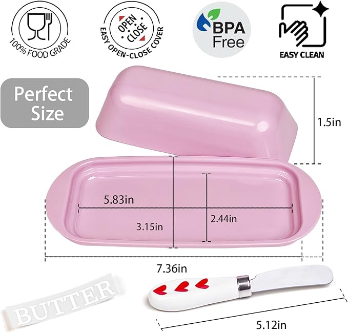 BPA-Free Melamine Butter Dish with Lid & Stainless Steel Knife-Farmhouse Butter Keeper for Countertop & Refrigerator, Dishwasher Safe, Holds 1 Stick with East & West Coast Butter-Pink Heart