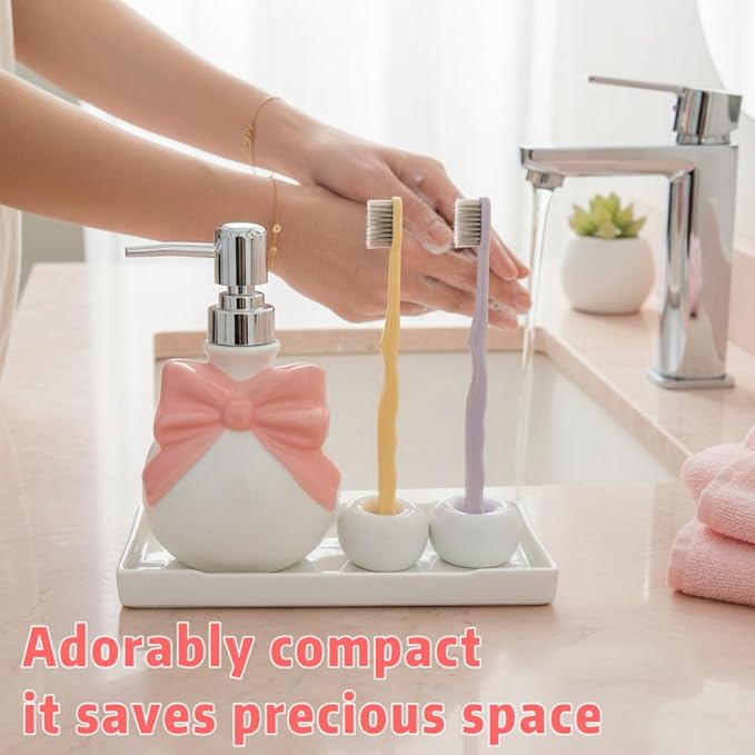 Pink Ceramic Soap Dispenser Set – Bow Design 12oz Dispenser with 2 Ceramic Toothbrush Holders & PP Tray, Refillable Cute Bathroom Accessories for Lotion, Hand Soap & Dish Soap