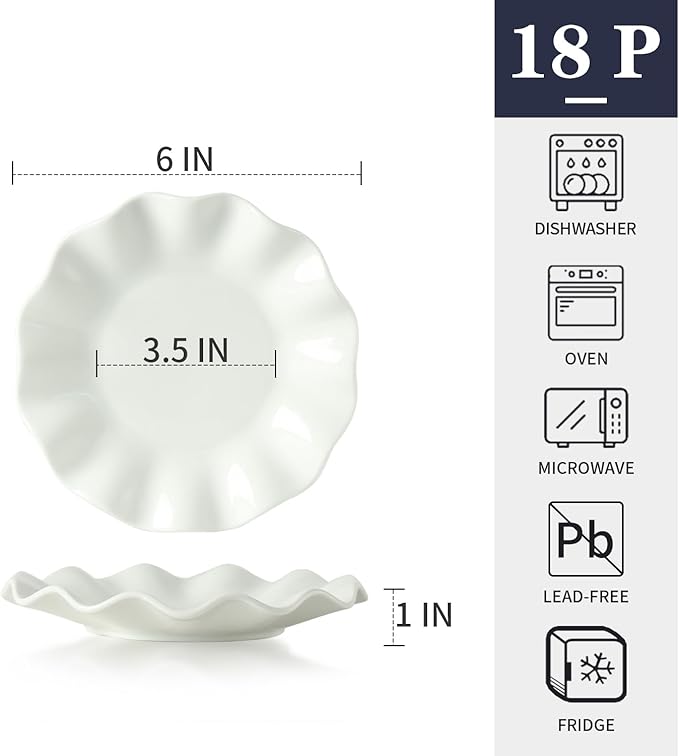 TAMAYKIM 18 Pieces 6 Inch Porcelain Dessert Plates, Small Appetizer Plates, Wavy Rim Dinnerware Sets, Microwave, Oven, and Dishwasher Safe, White