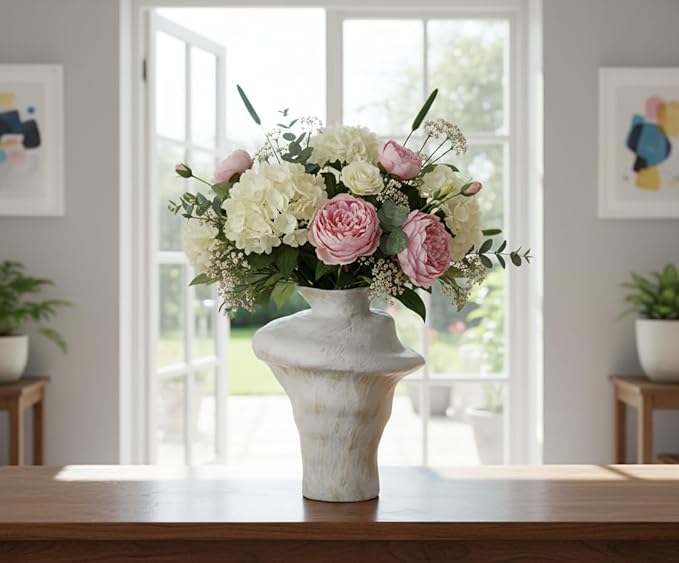 Handmade Ceramic Vase – Irregular Sculptural Design with White Textured Finish and Rustic Brush Strokes, Modern Decorative Pottery for Home Decor and Table Centerpiece