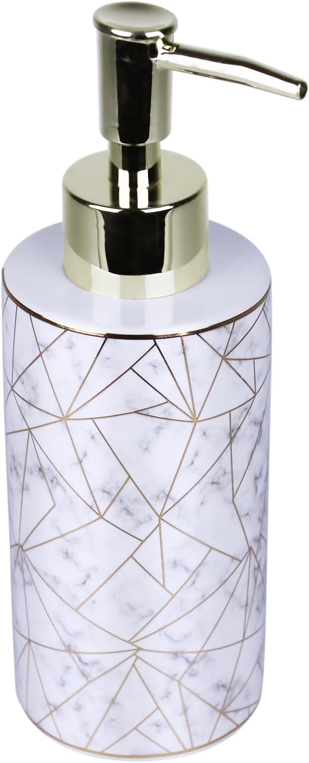 Bathroom Soap Dispenser Ceramic with Marble Pattern & Gold Thread Decoration - Refillable Liquid Soap Bottle for Bathroom, Dish Soap Dispenser for Kitchen (10oz, White)